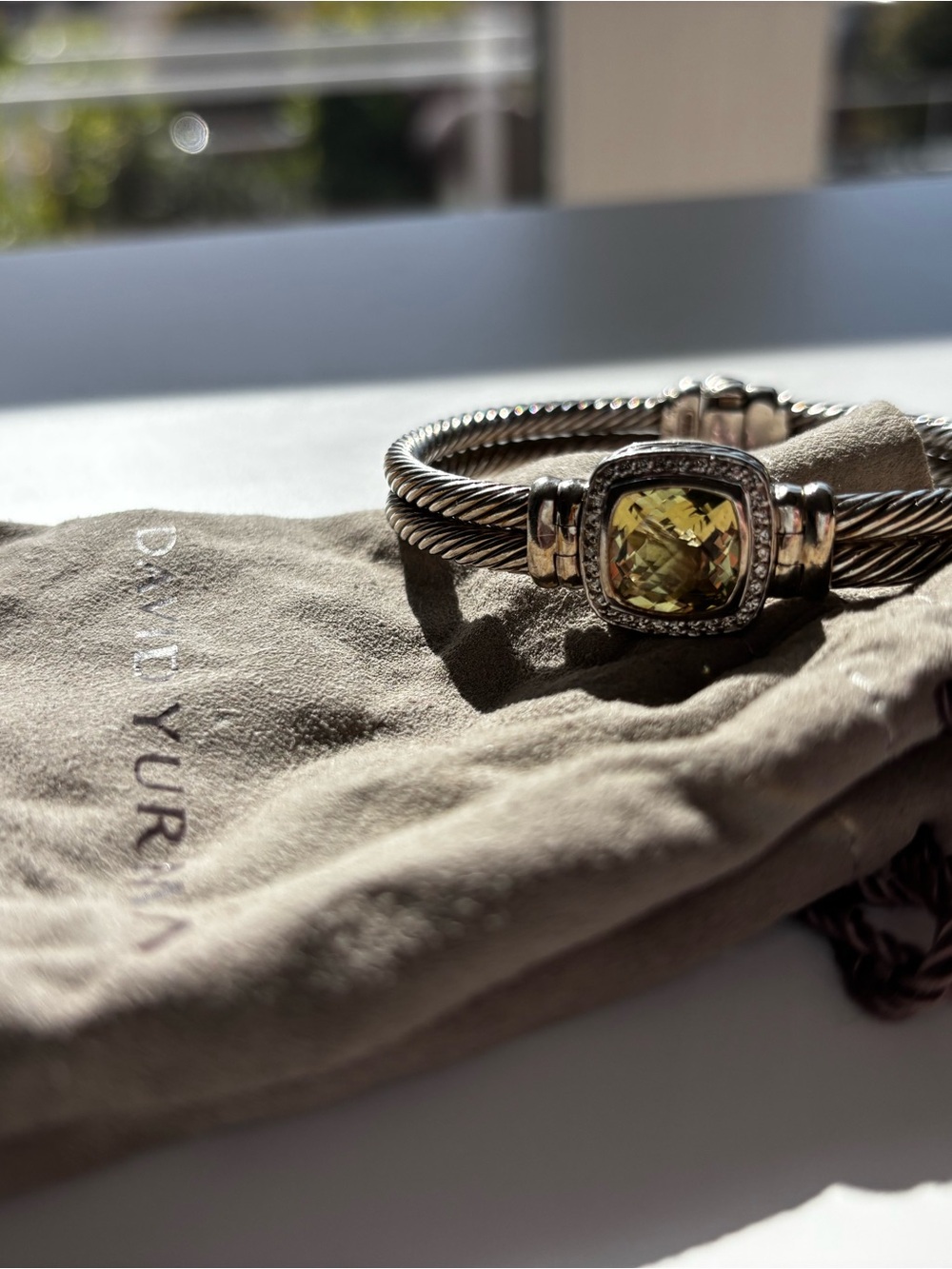 David Yurman Sterling Cable Bracelet with Yellow Lemon Quart Cushion w/ Diamond